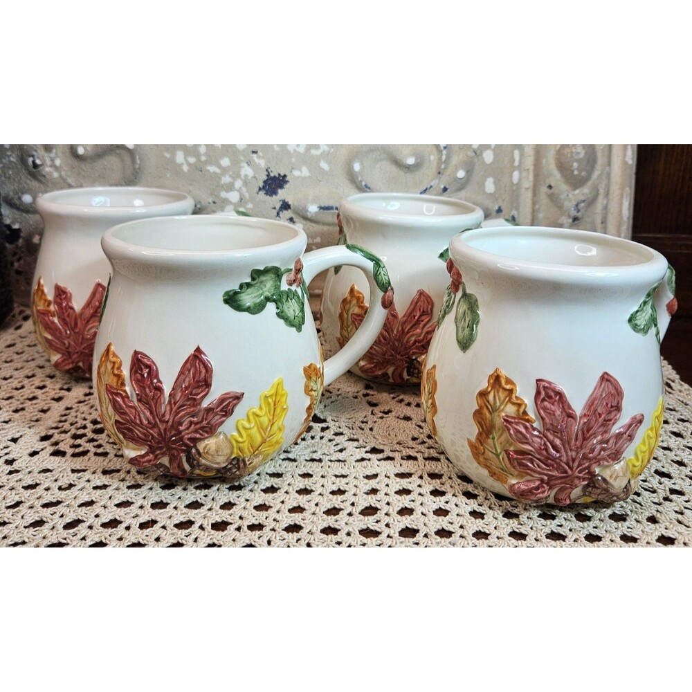 Set of 4 Vintage WCL Ceramic Pottery Mugs Autumn Fall Leaves Acorns